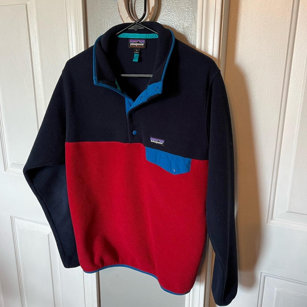 Patagonia Navy Blue & Red Snap-Front Fleece Shirt Jacket